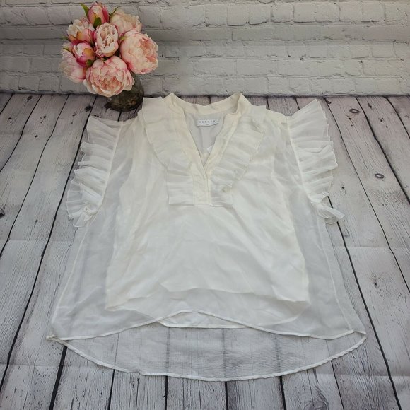 Sandro Radia V-Neck Pleat-Trim Shirt Sheer Blouse Top In Ecru Size 3 Large NWT - Picture 1 of 9